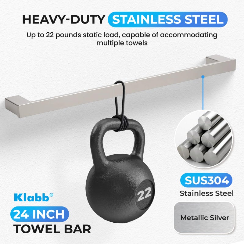 Klabb 4-Piece Metallic Silver Bathroom Hardware Set, 24 Inch SUS304 Stainless Steel Towel Bar Set with Toilet Paper Holder, Robe Hook & Towel Rack â€“ Wall Mounted Rustproof Bath Accessories - Image 3